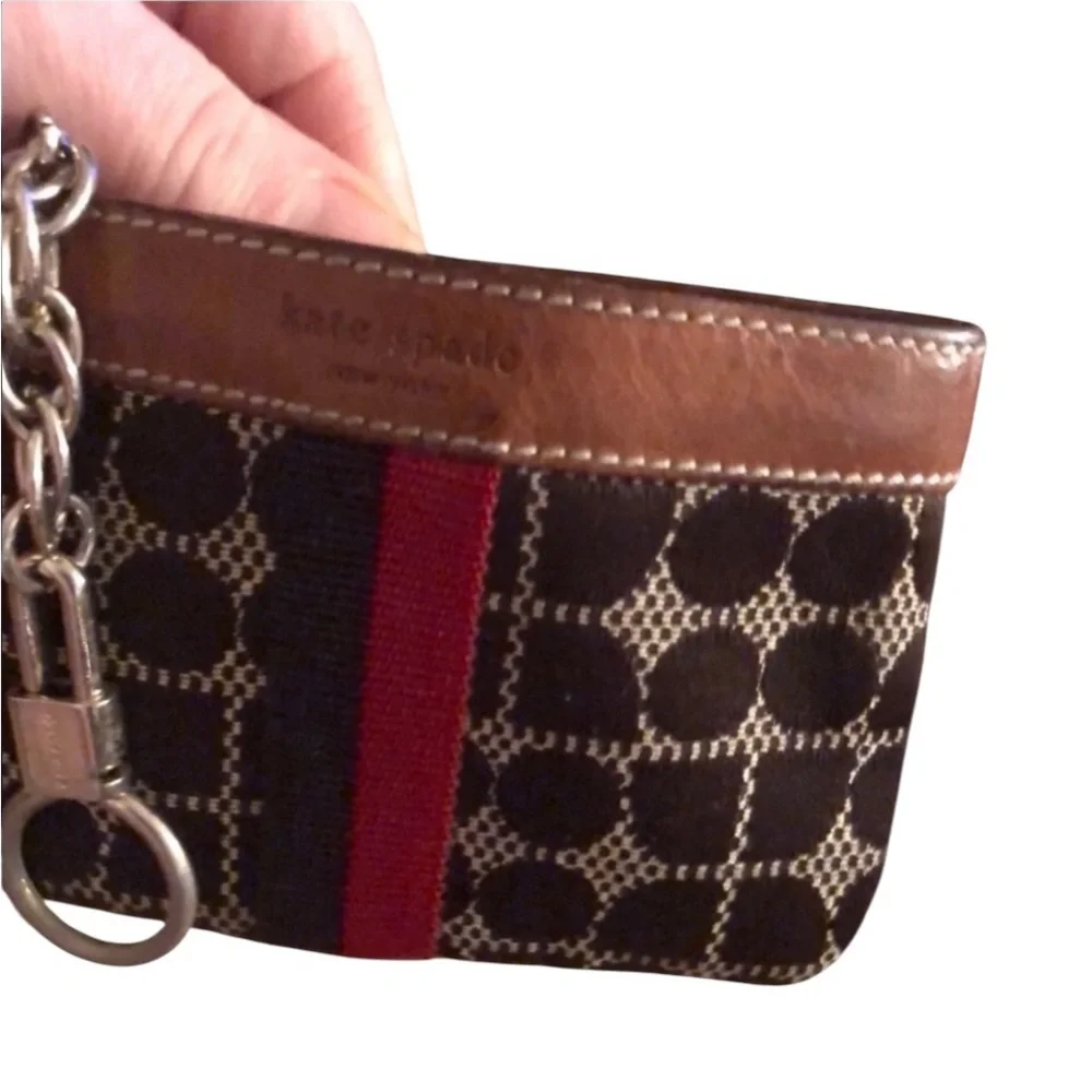 Kate Spade  Wristlet & keychain brown with black & Red details like new